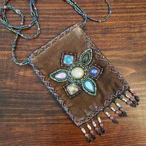 Brown Velvet Beaded Cross Body Bag